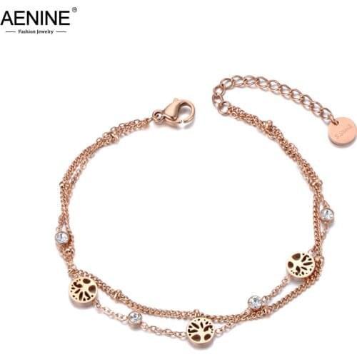 AENINE Trendy Double Layers CZ Ctystal Tree Charm Bracelet Bangle For Women Stainless Steel Bohemia Chain Link Bracelets AB19081