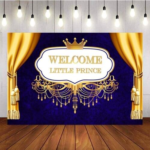 NeoBack Welcome Little Prince Background Newborn Baby Shower Golden Border Royal Blue Golden Crown Backgrounds for Shoot
