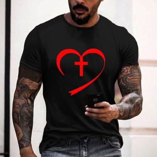 Autumn Tops Pullover Streetwear Fashion Cross Heart Poker Printing Men Short Sleeve T-Shirt Casual Summer O Neck Loose Tee Male