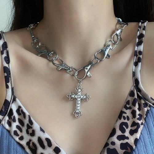 MWSONYA New Fashion Rhinestone Cross Pendant Necklace for Women Lobster Clip Chain Necklace Holiday Party Jewelry Gift