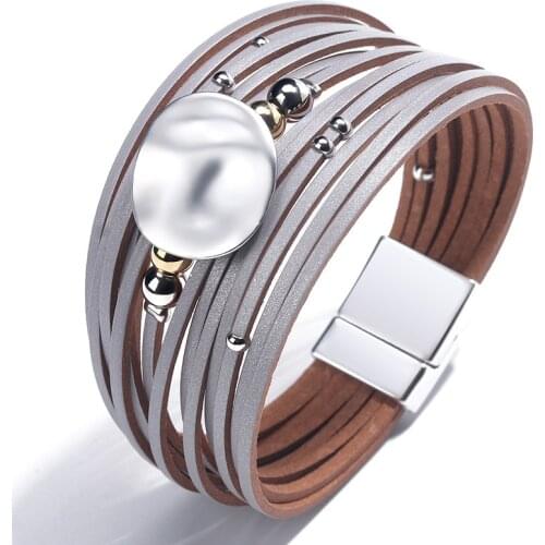 Irregular Round Charm Multilayer Leather Bracelets Women Fashion Strips Bohemian Wide Wrap Bracelet Femme Jewelry Magnet Buckle