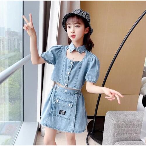Summer new denim sets girls shirt + skirts 2pcs suits children fashion cotton sets baby girl suit 2-14 years wholesale wz135