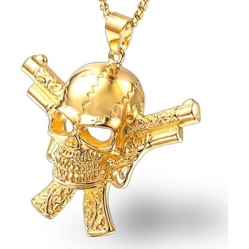 RIR Funk Silver Gold Skeleton double gun Big Skull Head Pendant knight Necklace Stainless Steel Link Chain Mens Jewelry Gift