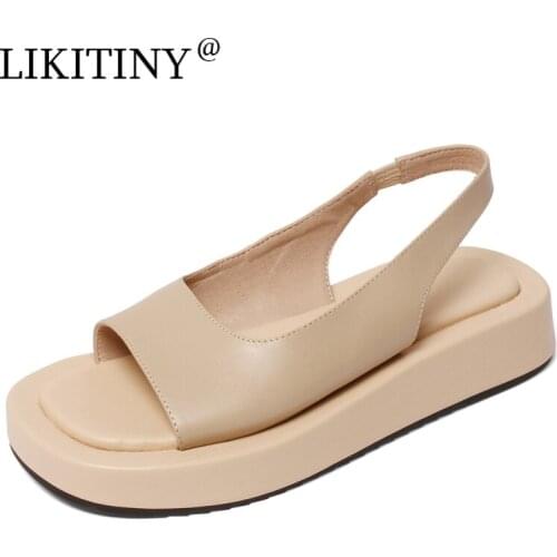 LIKITINY 2021 Summer Leisure Creamy white Casual Sandals Flat Platform Shoes Fashion Round toe Comfortable Womens shoes Size 40
