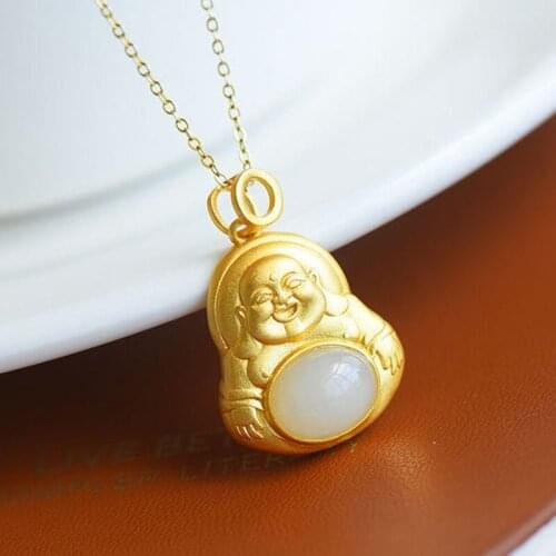Silver natural Hetian jade Laughing Buddha Pendant Necklace with Chinese unique ancient gold craft womens brand jewelry