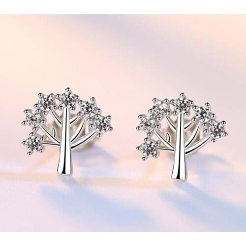 Cute Female White Zircon Small Earrings Classic 925 Sterling Silver Wedding Earrings For Women Dainty Crystal Tree Stud Earrings