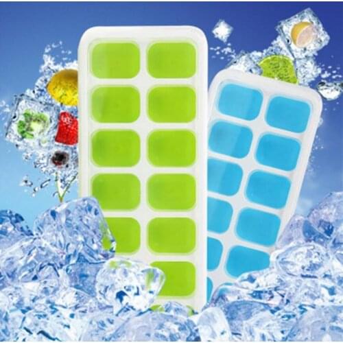 2 Colors 14-Hole Silicone Ice Cube Mold Tray with Rectangle-shape Ice Jelly Moulds with Lid Ice Cream Tools SN1996