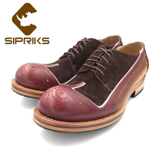 Sipriks Unique Design Mens Classic Leather Shoes Italian Bespoke Sewing Welt Dress Shoes Brown Suede Fashion Retro Wingtip 45