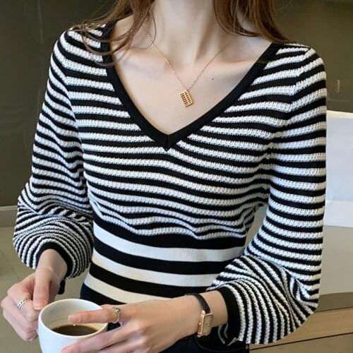 Autumn Women Sweater Tops Long Sleeve V-Neck Striped Sweater Women Pullover Woman Sweaters Pullover Sweaters for Women F150
