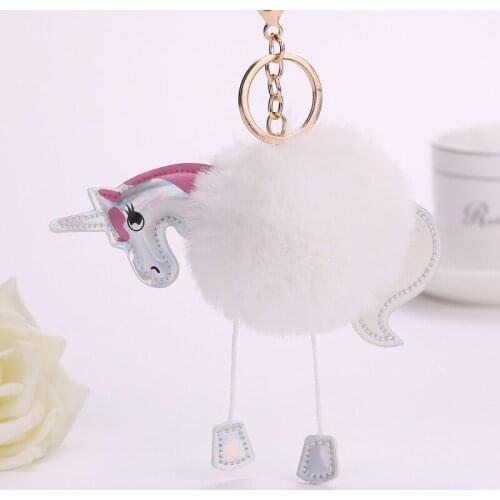 High Quality Anime Horse Toy Cute Metal Unicorn Key Chain Plush Toy Pendant Women Fluffy Fur Pom Pom Keyring Bag Hang Plush Toy