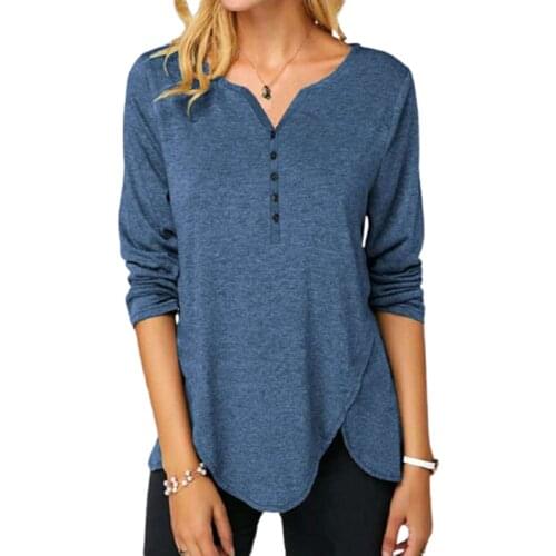 Autumn Women Asymmetric Casual Long Sleeve Tshirt Split V-Neck New Solid Color Button T-Shirts Irregular Hem Large Size Clothing