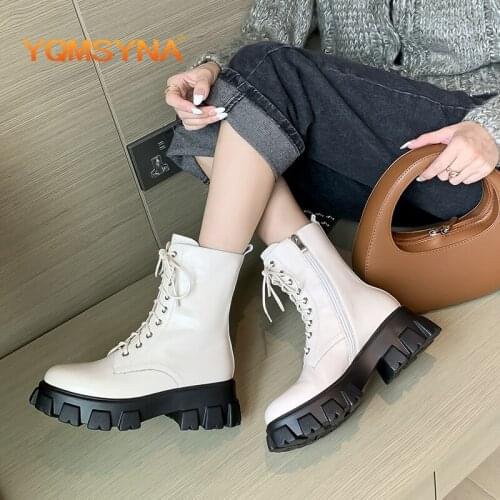 YQMSYNA Fashion Womens Boots Comfortable Thick Bottom Non-slip Square Heel Round Toe Cross-tied Zipper Office Lady Shoes AS332