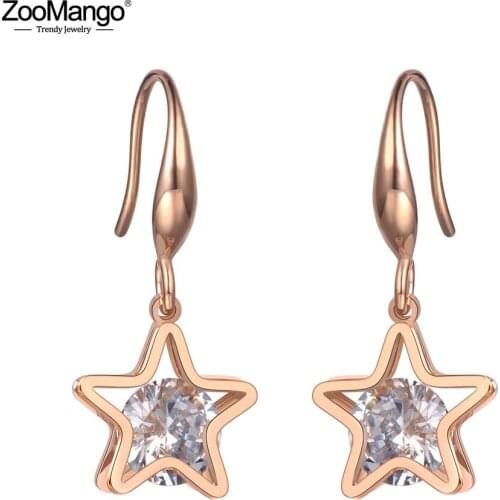 ZooMango Trendy AAA CZ Crystal Star Titanium Stainless Steel Girls Earrings Rose Gold Handmade Ear Jewelry For Women ZE19152