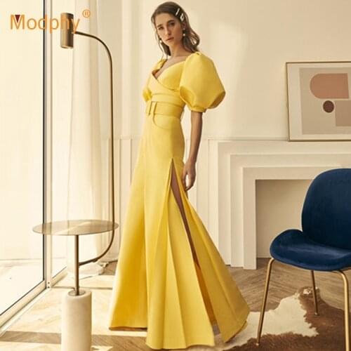 Elegant Yellow WomenS Set Short Bubble Sleeve Top & Pants 2 Two-Piece Set Evening Party Pants Set Female 2020 Fashion New