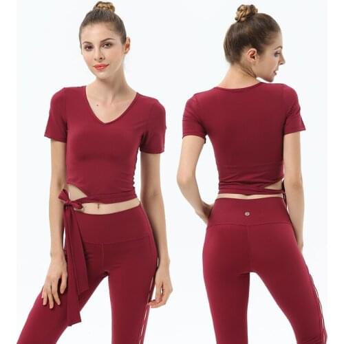 Yoga suit womens breathable yoga ts summer temperament lace-up waist three-point sleeve fitness suit yoga top