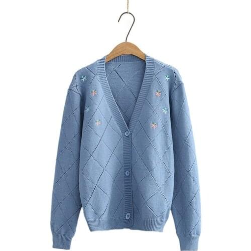 Floral Embroidery Chic Single-breasted Knittd Women Cardigan 2021 Winter Warm Coat Korean Style Female V-neck Soft Jumpers Tops