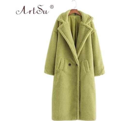 ArtSu 12 Color Fashion Women Winter Teddy Bear Coat Warm Long Sleeve Loose Lambswool Long Coat Christmas Faux Fur Teddy Coat
