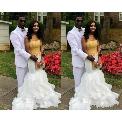 African Black Girl Mermaid Wedding Dresses New Gold Lace Spaghetti Straps Sexy Ruffle Layers White Wedding Dresses Bridal G