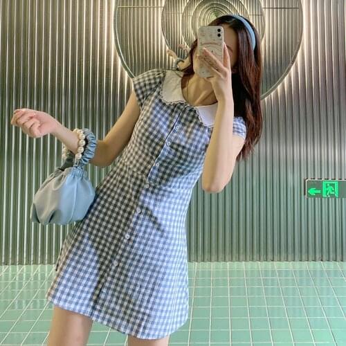 Vintage Blue Plaid Dress Women Summer Lace Trim Peter Pan Collar High Waist Harajuku Mini Dresses