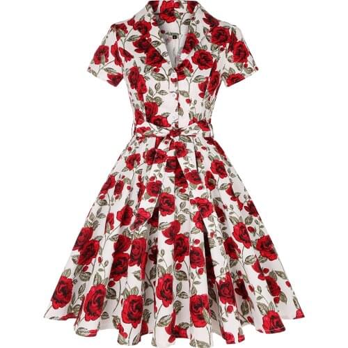 Vintage Pinup Hepburn Style 60s Floral Gown Party Rockabilly Dress Female Elegant Turn Down Collar Women White 50S Swing Dresses