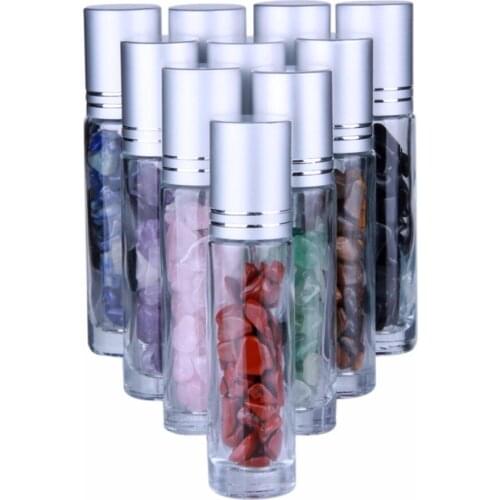 10pcs Natural Semiprecious Stones Essential Oil Bottles,Gemstone Roller Ball Bottle Transparent Glass 10ml Healing Crystal Chips