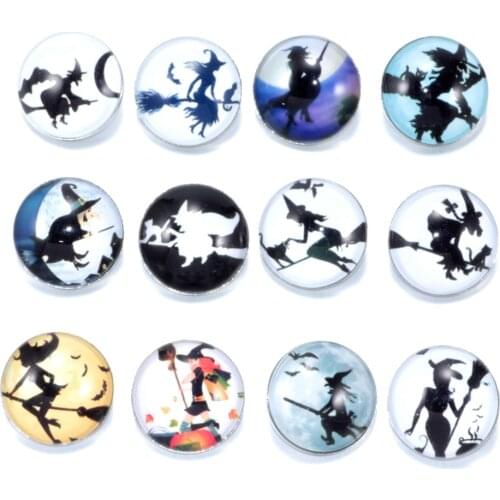 12pcs/lot Cartoon Witch Pattern Charms 18mm Glass Snap Button For DIY Charms Bracelet 18mm Snaps Jewelry KZ0169