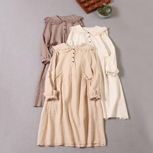 2021 Autumn New Solid Cotton Embroidered Dress Women Casual Double Pockets Loose Waist Midi Dresses