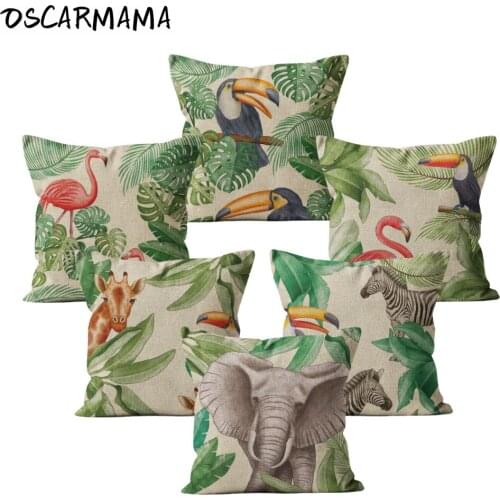 Flamingo Toucanmon Elephant Giraffe Zebra Zoo Green Tropical Leaf Garden Cushion Cover 4550 Throw Pillow Case Jungle Decoration