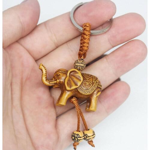 Wooden Hand-carved Lucky Elephant Keychain Key Chain Ring Evil Defend Elephant Pendant Women Girls Children Craft Gift