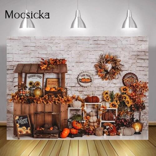 Pumpkin Farm Fresh Market Backdrop Photocall Autumn Sunflowers Birthday Portrait Photo Background Retro Brick Wall Photography