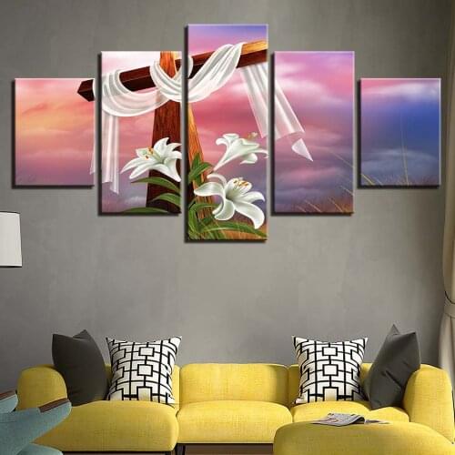 Canvas HD Prints Paintings Framework 5 Pieces Christ Cross And Lilies Flower Poster Home Decor For Living Room Art