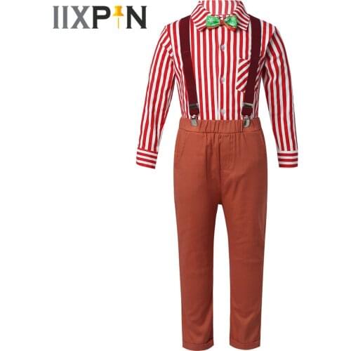 4Pcs Kids Boys Cosplay Christmas Costume Outfit Bowtie Long Sleeve Striped Shirt + Suspenders Pants Children Gentleman Boy Suits