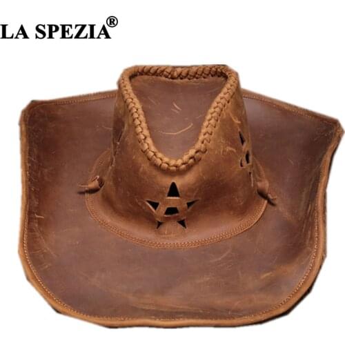 LA SPEZIA Handmade Western Cowboy Hat Vintage First Layer Cowskin Men Women Genuine Leather Gentleman Cowgirl Jazz Sombrero Cap