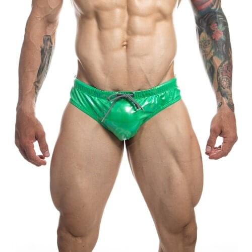 Swimwear Mens Swimsuit Metallic Shiny Low Waist Faux Leather Briefs Underwear Drawstring Removable Padded Front Underpants