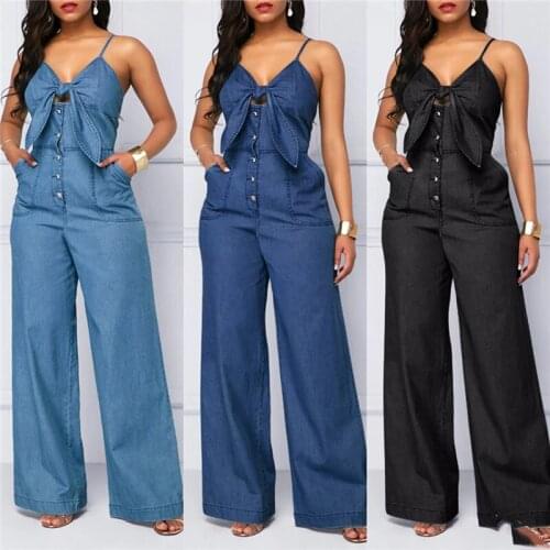 Summer Womens Denim Jumpsuit Sexy High Waist Wide Leg Long Pants Romper Front Tie Knotted Jeans V-neck Overalls 2021