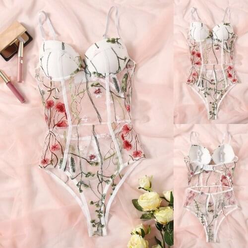 New Porno Lingerie Set Women Fashion Flower Embroidery Sexy Lingerie Bra Thong Pajama See-through Underwear White Lace Lenceria