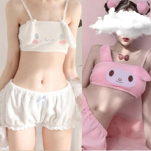 Null Women Japanese Anime 2 Piece Velvet Pajamas Set Cute Cartoon Evil Pattern Ears Tube Top Bloomers Shorts Sleepwear Kawaii