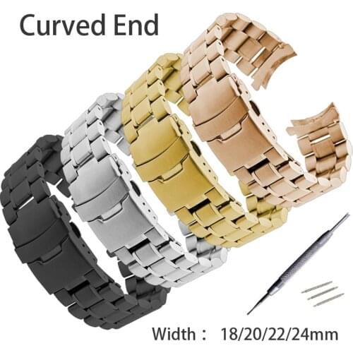 Stainless Steel Watch Band 18mm 20mm 22mm 24mm Strap Wristband Curved End Watch Strap Double Lock Buckle Replacement Wrist Belt