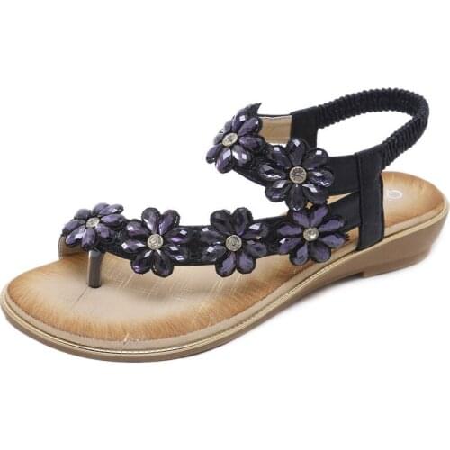 Plus size thong sandals flower rhinestone sandals bohemian large size shoes woman comfortable elastic band back with flat shoes
