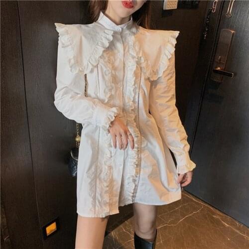 Shorts Clothes Oversize Dress Ruffle Loose White Casual Spring 2021 New Solid Color Stand collar Long Sleeve Shirt Dress 301E