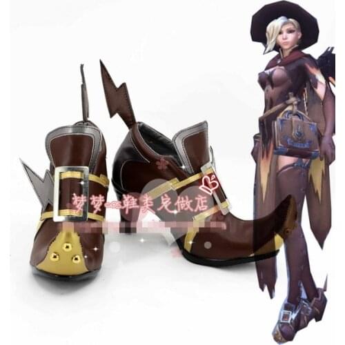 [STOCK]2018 Hot Game Mercy Witch Ver. Cosplay Shoes Brown Boots Custom-made Cosplay Prop For Halloween Carnival Free Shipping