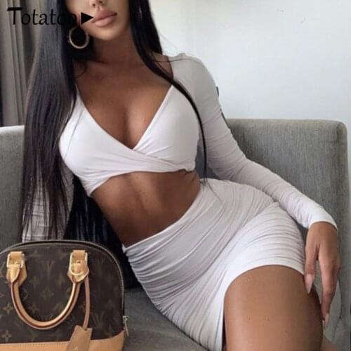 Totatoop V Neck Long Sleeve Crop Top And Ruched Bodycon Mini Skirts White Two Piece Set For Women Casual Lady Black Outfits