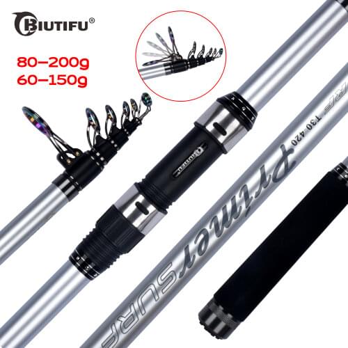 BIUTIFU PRIMER Telescopic Surf Fishing Rod 3.9/4.2/4.5/5.0/5.3m 30TCarbon Travel Spinning Power60-150g Throwing Surfcasting Pole