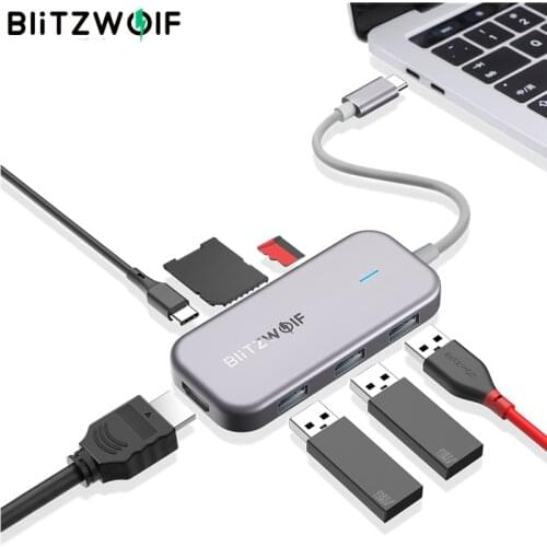BlitzWolf BW-TH5 7 in 1 USB Type-C Data Hub with 3-Port USB 3.0 TF Card Reader USB C PD Charging 4K Display for MacBook for iPad