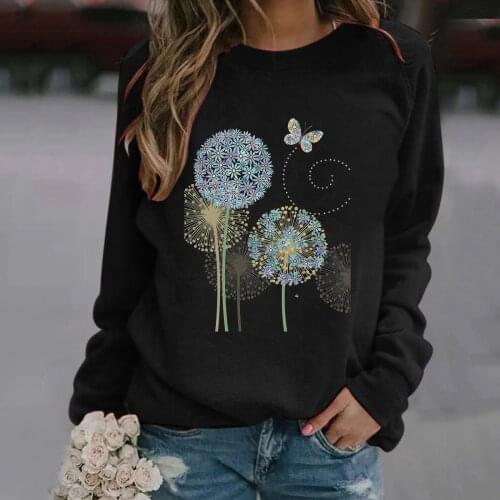 Long Sleeve Loose Print Floral Women T Shirt Autumn Winter Black O-Neck Casual Ladies Pullovers Top Fashion Street Clothing Tee