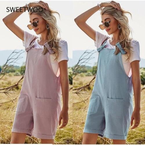 Women Clothing Short Rompers Solid Overalls Straight Barrel Loose High-Waisted Pocket Summer Woven Jumpsuit Young Girls Pantsuit