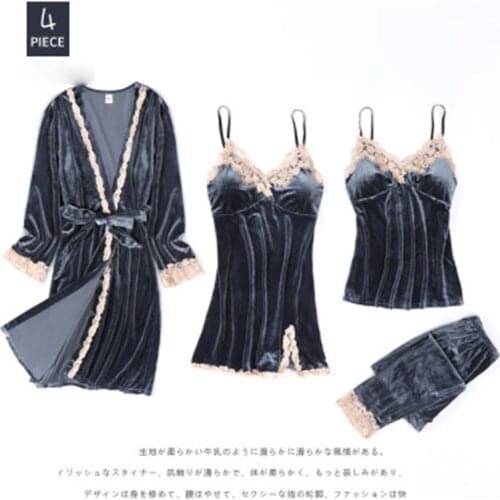 Women Pajamas Gold Velvet 4 Pieces Pajamas Sets Women Robe Sleepwear Sleeveless Nightwear Sexy Sleepwear Spring Homewear