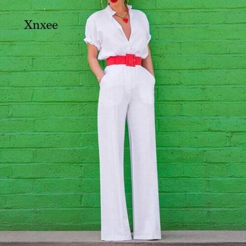 Womens Elegant Pocket Wide-Leg Jumpsuit Sexy V-Neck Jumpsuit 2021 Summer Casual Short-Sleeved Button Jumpsuit Overalls Streetwe