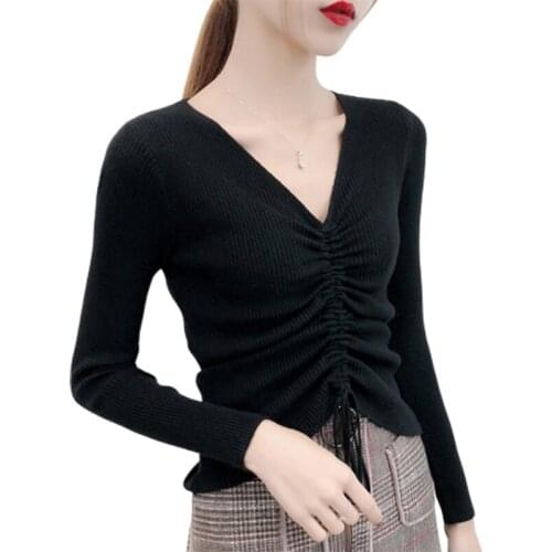 Autumn Winter New Pullover Sweater Women V-neck knit Bottom shirt Sexy Womens long-sleeve Warm Sweaters Drawstring Top FF1104
