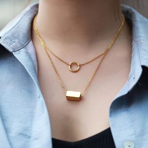 Women Girls Double Layered Pendant Choker Necklace Gold Color Stainless Steel Rolo Link Chain Round Hoop ID Cube Charms DDS08